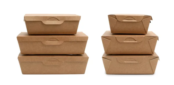 Set Cardboard Containers Transferring Food White Background Two Angles Template — Stock Photo, Image