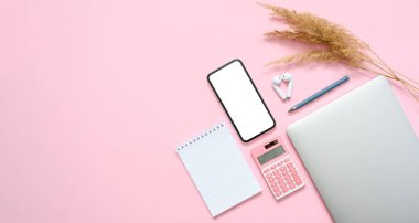 Kadınlar için işyeri. Akıllı telefon, not defteri, hesap makinesi ve pembe arka plandaki kuru çimlerin yanında kapalı bir dizüstü bilgisayar. Düz yat, boşluğu kopyala, taklit et.
