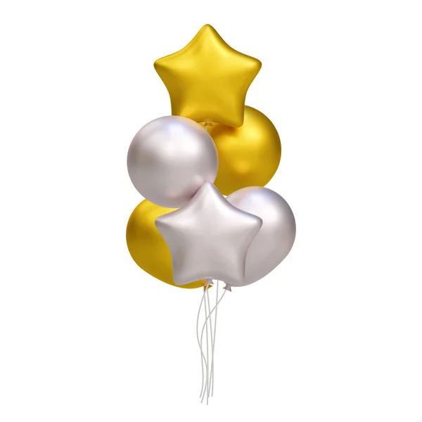 Bir grup gerçekçi 3D altın ve gümüş balon. Kart, parti, tasarım, el ilanı, poster, afiş, web, reklam için vektör illüstrasyon dekorasyonu