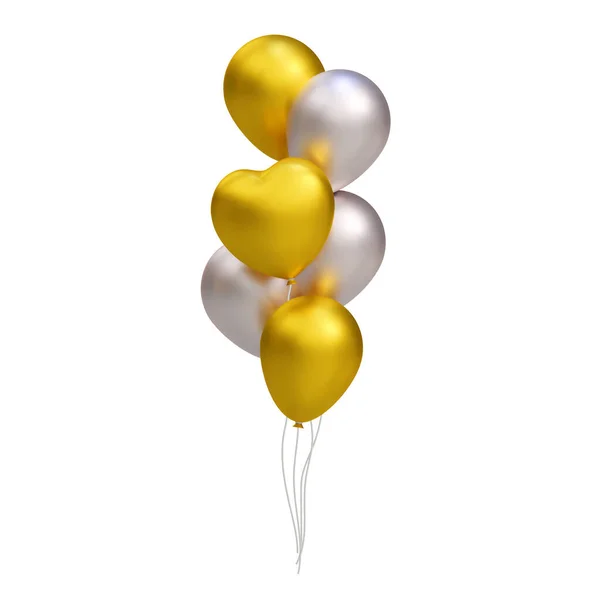 Bir grup gerçekçi 3D altın ve gümüş balon, kalp şeklinde. Kart, parti, tasarım, el ilanı, poster, afiş, web, reklam için vektör illüstrasyon dekorasyonu