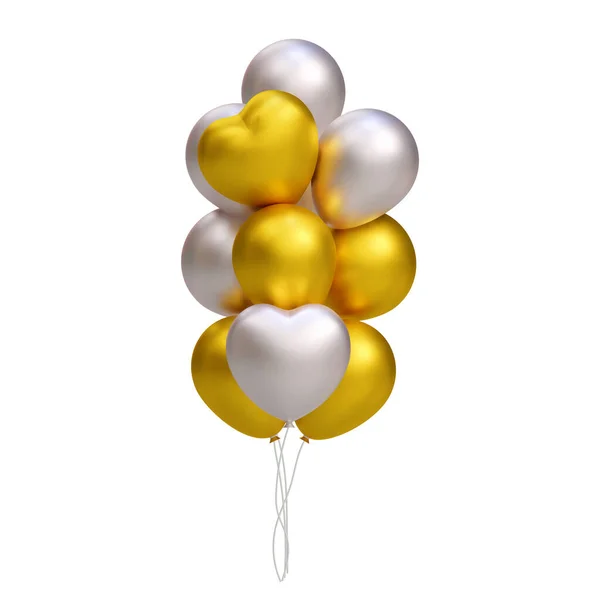 Bando Balões Realistas Ouro Prata Forma Coração Decoração Ilustração Vetor — Vetor de Stock