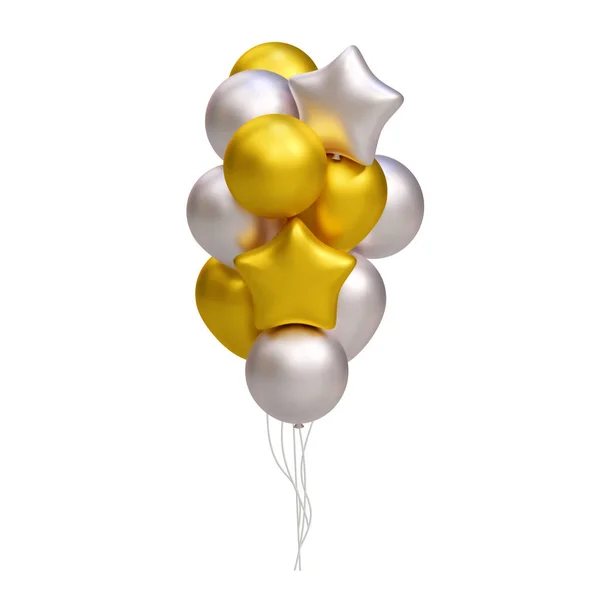 Bir grup gerçekçi 3D altın ve gümüş balon. Yıldız şeklinde. Kart, parti, tasarım, el ilanı, poster, afiş, web, reklam için vektör illüstrasyon dekorasyonu