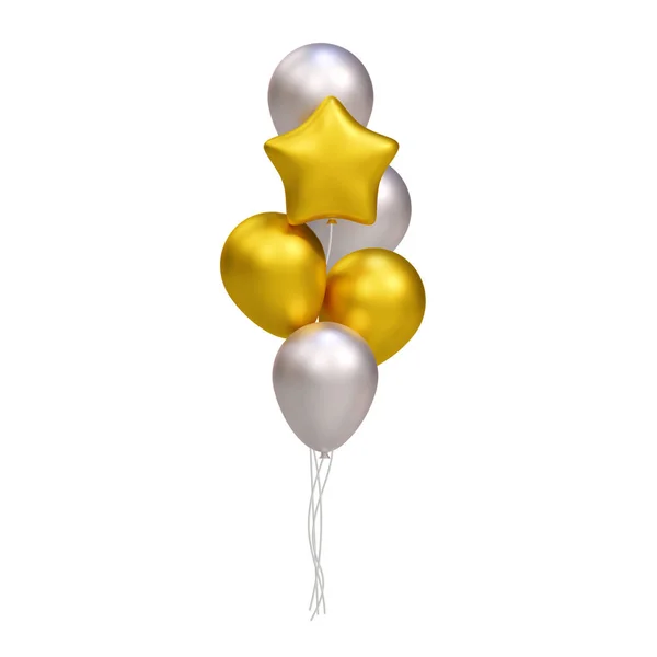 Bir grup gerçekçi 3D altın ve gümüş balon. Kart, parti, tasarım, el ilanı, poster, afiş, web, reklam için vektör illüstrasyon dekorasyonu