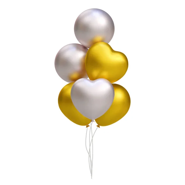 Banda Realistycznych Złotych Srebrnych Balonów Kształt Serca Wektor Ilustracji Dekoracji — Wektor stockowy