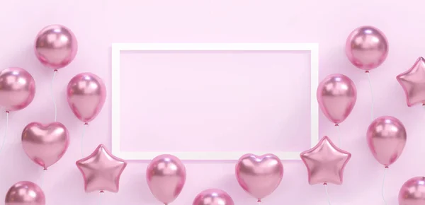 Gerçekçi pembe balonların 3 boyutlu pankartı uçuyor. Kart, bebek partisi, cinsiyet teşhisi parti davetiyesi, tasarım, broşür, poster, dekor, web, reklam