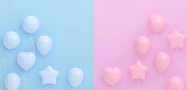 Buket, uçuşan bir demet gerçekçi pembe ve mavi balon. Kart, bebek partisi, cinsiyet belirten parti davetiyesi, tasarım, broşür, poster, dekor, pankart, web, reklam