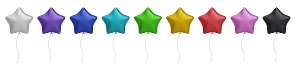 3D parlak renkli hava balonu seti şeffaf arka planda izole edildi. Gerçekçi altın, gümüş, beyaz, altın renkli ve siyah renkli helyum balonları yıl dönümü için, doğum günü partisi tasarımı. Yıldız şekli