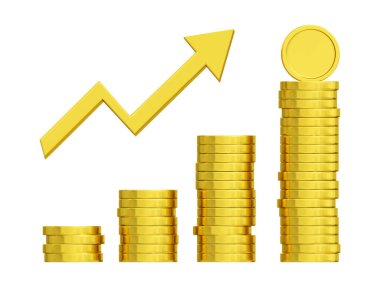 Yükselen okla birlikte yığınla para. 3 boyutlu gerçekçi grafik ögesi. Vektör illüstrasyonu