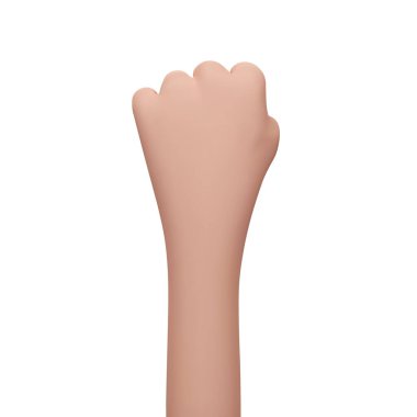 3D karikatür, sıkılmış insan eli hareketi kaldırdı. Beyaz arka planda izole edilmiş gösteri, devrim, kavga ya da protesto sembolü. Güç simgesi. Vektör illüstrasyonu