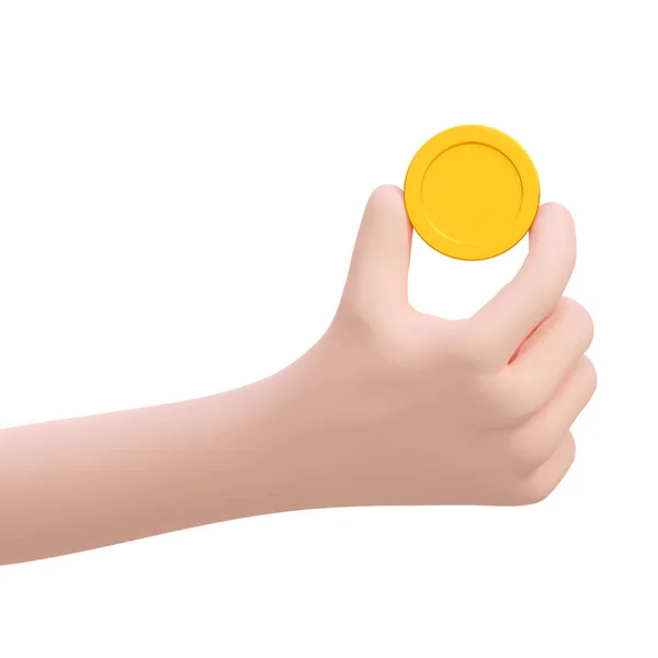 3D altın sikke. El ele tutuşup para. Çevrimiçi ödeme, finans, yatırım, tasarruf kavramı. Vektör çizimi izole edildi