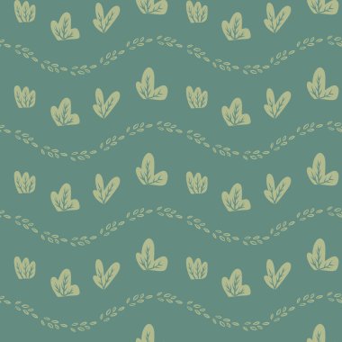 Yaprakların kusursuz desen dalgaları ve yeşil tonlarda botanik vektör çizimleri