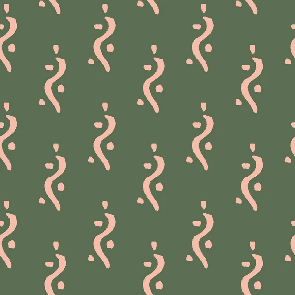 Ripetizione etnica minima con strisce di serpente curve disegnate a mano in rosa su sfondo verde. Design di stampa vettoriale senza soluzione di continuità. — Vettoriale Stock