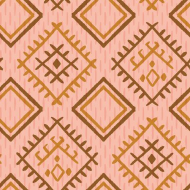 Geometrik berber halı deseni, elle çizilmiş pembe, koyu kahverengi ve koyu renkli elmaslarla tekrar ediyor. Kusursuz vektör illüstrasyon baskı tasarımı. 