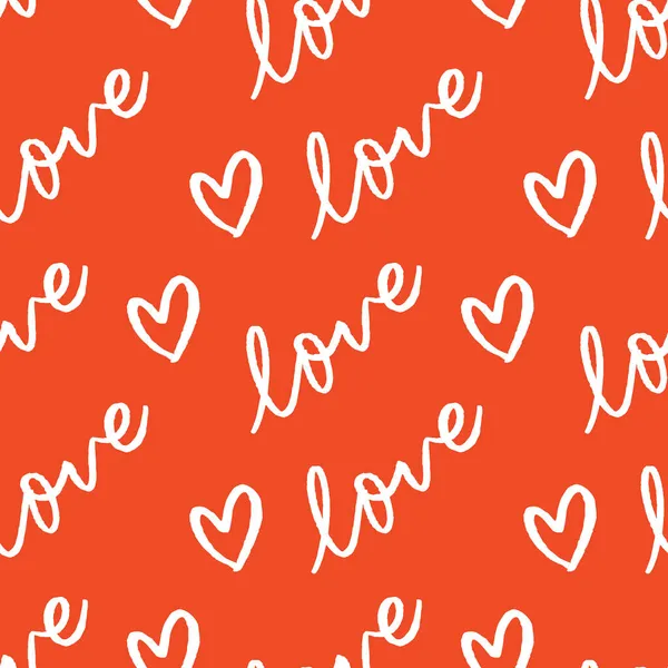 가로 와 세로가 같은 대각선의 반복 패턴은 심장이 달린 분홍색 과 빨간색으로 되어 있고 사랑의 단어 배경 프린트 디자인이 있습니다 — 스톡 벡터