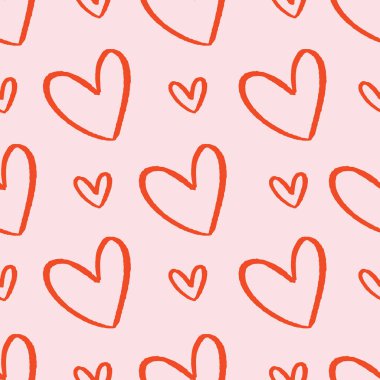 Pembe ve kırmızı kalp örnekleri tekrarlanıyor. Lovecore ucuz sevgililer günü yüzey tasarımı