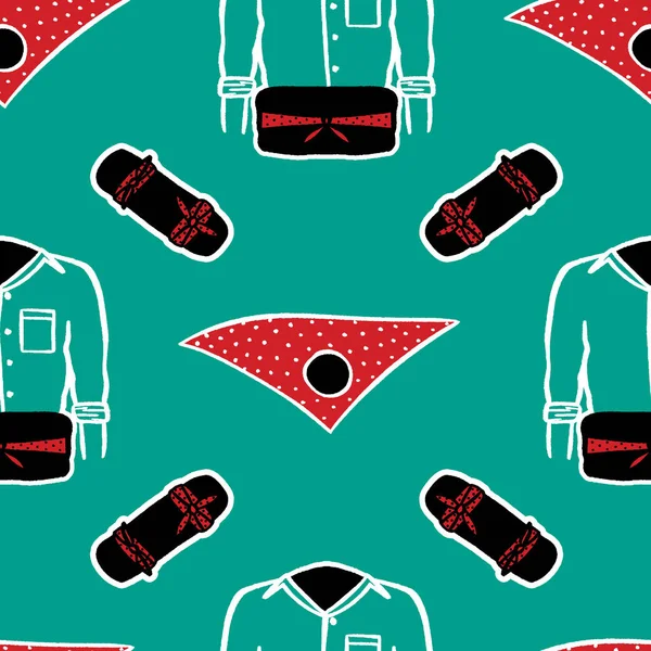 Stampat Castellers de Vilafranca,緑のシャツ,フェキサと赤のポルカドットスカーフ-モカドール,カミサ,フェキサ.人間の塔カタルーニャの伝統的なシームレスなパターン — ストックベクタ