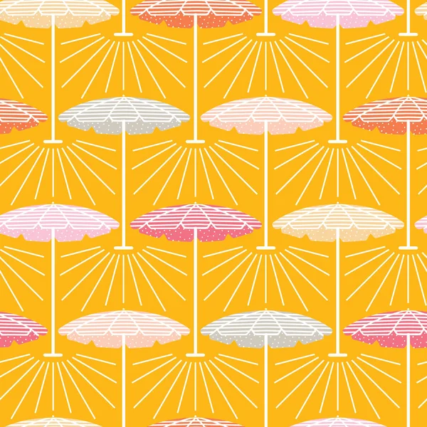 几何图形太阳伞形图案再现了本世纪中叶的图画，灵感来源于黄色背景的棕榈泉夏季 — 图库矢量图片