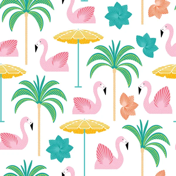 Festa na piscina com flamingo float, palmeira e guarda-sol padrão repetir com ilustrações geométricas meados do século inspiradas em Palm Springs — Vetor de Stock
