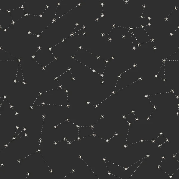 Шаблон созвездия Зодиака повторяется с небесными иллюстрациями и звездами золотого цвета на черном фоне — стоковый вектор