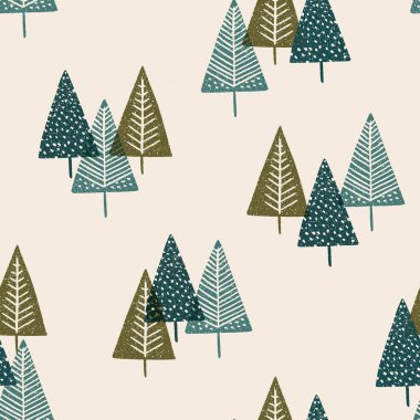 Scattered tree repeat pattern block printing design