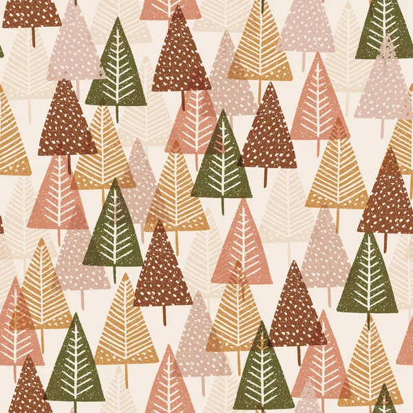 Tree forest autumn block printing pattern repeat design — Vetor de Stock