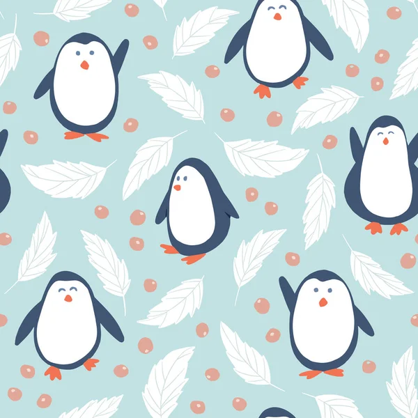 Lindos Pingüinos Estampado Fondo Dibujos Animados Infantiles Invierno Sin Costuras — Vector de stock