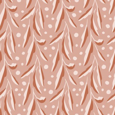 Tarafsız botanik desen tasarımı bej ve kahverengi yapraklar ile polka noktalı el çizimi arka plan izi. Vektör çizimi. Çocuklar için yüzeysel desen tasarımı.