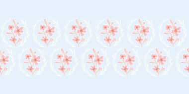 Kusursuz sınır tekrarı, bebek mavisi arka planında pembe kiraz çiçeğiyle klasik duvar kağıdından esinlenilmiş. Sakura çiçek vektör illüstrasyonu. Asya düğünleri için eski püskü bir sınır tasarımı.