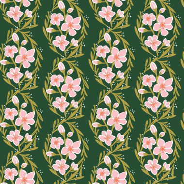 Romantik eskimiş duvar kâğıdının dikişsiz deseni. Koyu yeşil arka planda pembe kiraz çiçekleri ve yaprakları var. Sakura çiçek vektör illüstrasyonu. Asyalılar için eski püskü bir yüzey tasarımı.