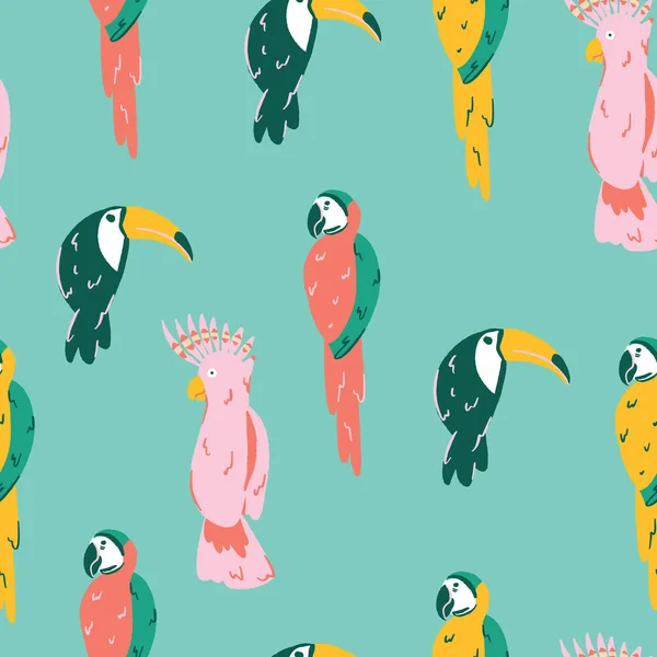 Patrón Aves Tropicales Del Paraíso Repetición Con Ilustraciones Cacatúas Tucanes — Vector de stock