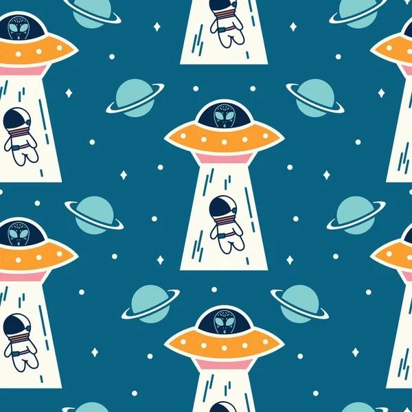 Cute Astronaut Being Abducted Aliens Ufo Seamless Pattern Design Vector — 图库矢量图片