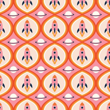 Pembe, turuncu ve bej renkli, eski tip roket desenli. 60 'ların geometrik yüzey tasarımından esinlenen vektör illüstrasyonu