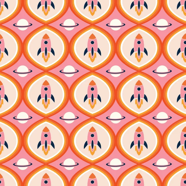 Retro Rocket Pattern Pink Orange Beige Wavy Vintage Background Vector — 图库矢量图片