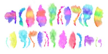 Beyaz üzerine renkli duman bulutu koleksiyonu. Soyut duman arka plan koleksiyonu izole edildi. Holi soyut girdap bulutu beyaz üzerinde izole.