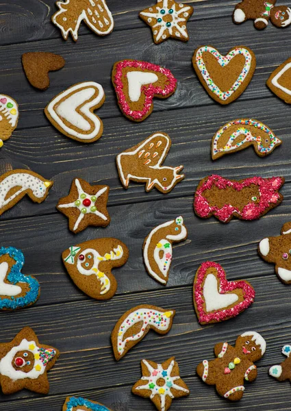 Royal Icing Cookies Christmas Gingerbread Cookies Wooden Table Top View — Stockfoto