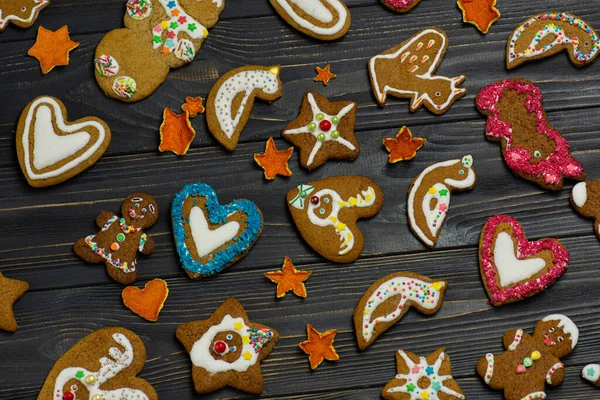 Royal Icing Cookies Christmas Gingerbread Cookies Wooden Table Top View — Fotografia de Stock