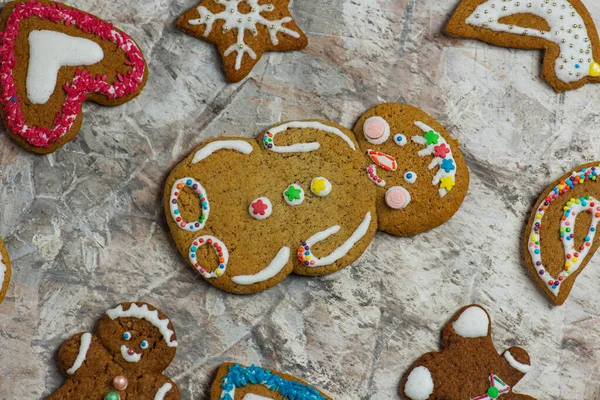 Collection Various Gingerbread Men Mixed Christmas Cookies Snowflake Man Candy — Stock Photo, Image