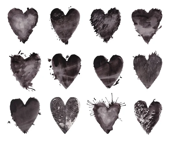Black Abstract Romantic Wedding Silhouette Hearts Set Isolated White Black — Stockfoto