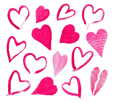 Pembe el çizilmiş siluet ve doğrusal çerçeve kalp. Grafik tasarımı için pembe kalp şablonu koleksiyonu.