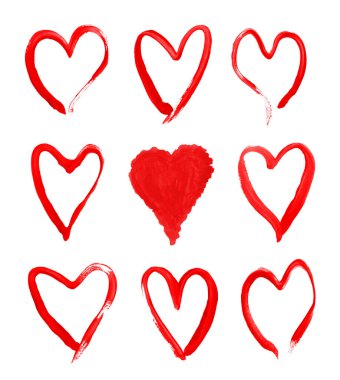 Hand drawn red abstract illustration hearts elements. Decorative hand drawn red hearts frame collection isolated on white background