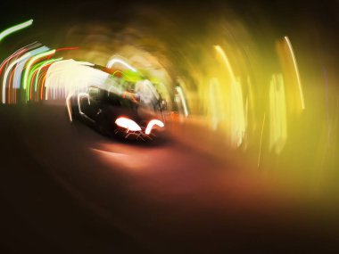 Bulanık araba, modern şehir gece arka planında hızlı gidiyor. Şehir gecesinde sürüklenen araba tekerleğinin odaksız çekimi.