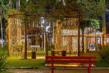 Cassilandia, Mato Grosso do Sul, Brazil - 12 18 2022: Sao Jose Square in the city of Cassilandia decorated for Christmas with lights at night