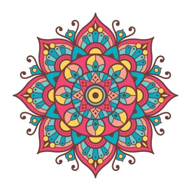 Beyaz arka planda renkli dekoratif mandala, doğu sanatı, çiçek deseni ve dekoratif element