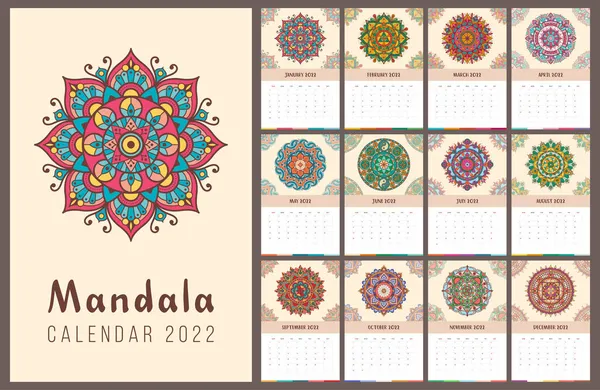 Mandala Kalender Och Planerare 2022 Färgglad Mandala För Varje Månad — Stock vektor