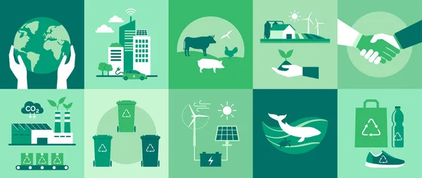 Ecology Icons Set Environmental Protection Smart Cities Sustainable Industry Agriculture — Stock Vector