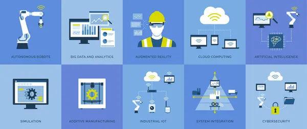 Industrie Automatisation Iot Industrielle Procédés Technologies Production Innovants Jeux Icônes — Image vectorielle