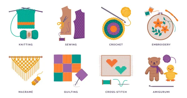 創造的な縫製と針仕事趣味のセット 編み物 かぎ針編みや刺繍 工芸品やレジャー活動のコンセプト — ストックベクタ
