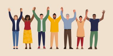 Happy diverse multiethnic people standing together holding hands, unity is power and togetherness concept clipart