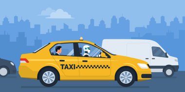 Şehir caddesinde taksicilik yapan yapay zeka robot ve arabanın arka koltuğunda oturan yolcu.