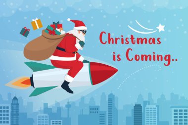 Mutlu Noel Baba roketle şehri aşıyor ve çantasında Noel hediyeleri taşıyor.
